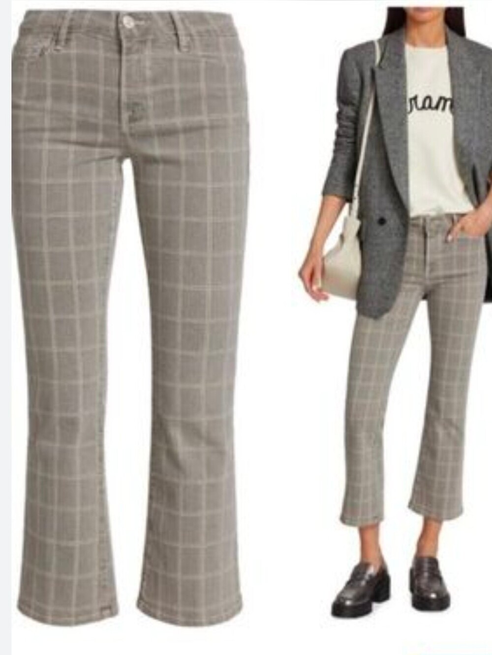 Frame Denim Gray Windowpane Plaid Pants with Burgundy Accents Size 30